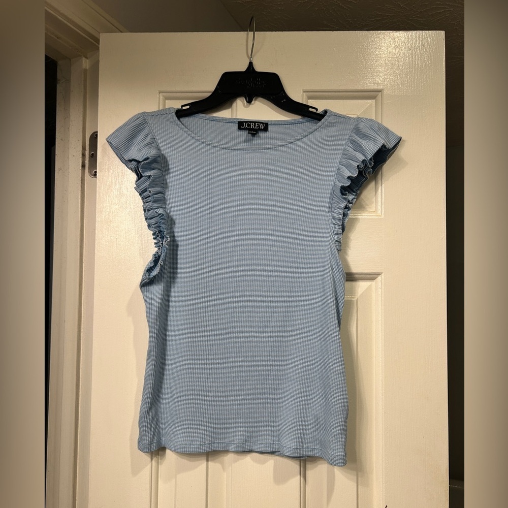 J. Crew Vintage rib ruffle-sleeve shirt Baby Blue Coastal Resort Size large - Picture 3 of 10